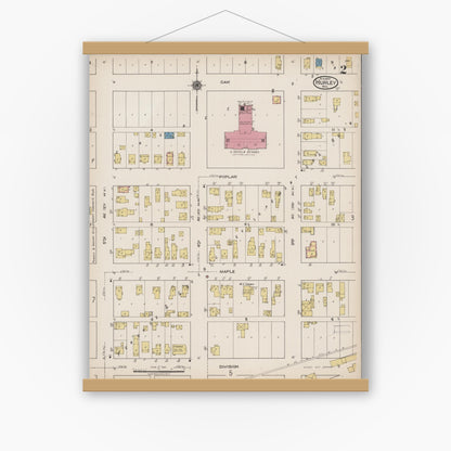 Old map wall art mockup — magnetic wood frame on white wall — Sanborn Fire Insurance Map from Hurley, Iron County, Wisconsin (1922), Sheet #0002