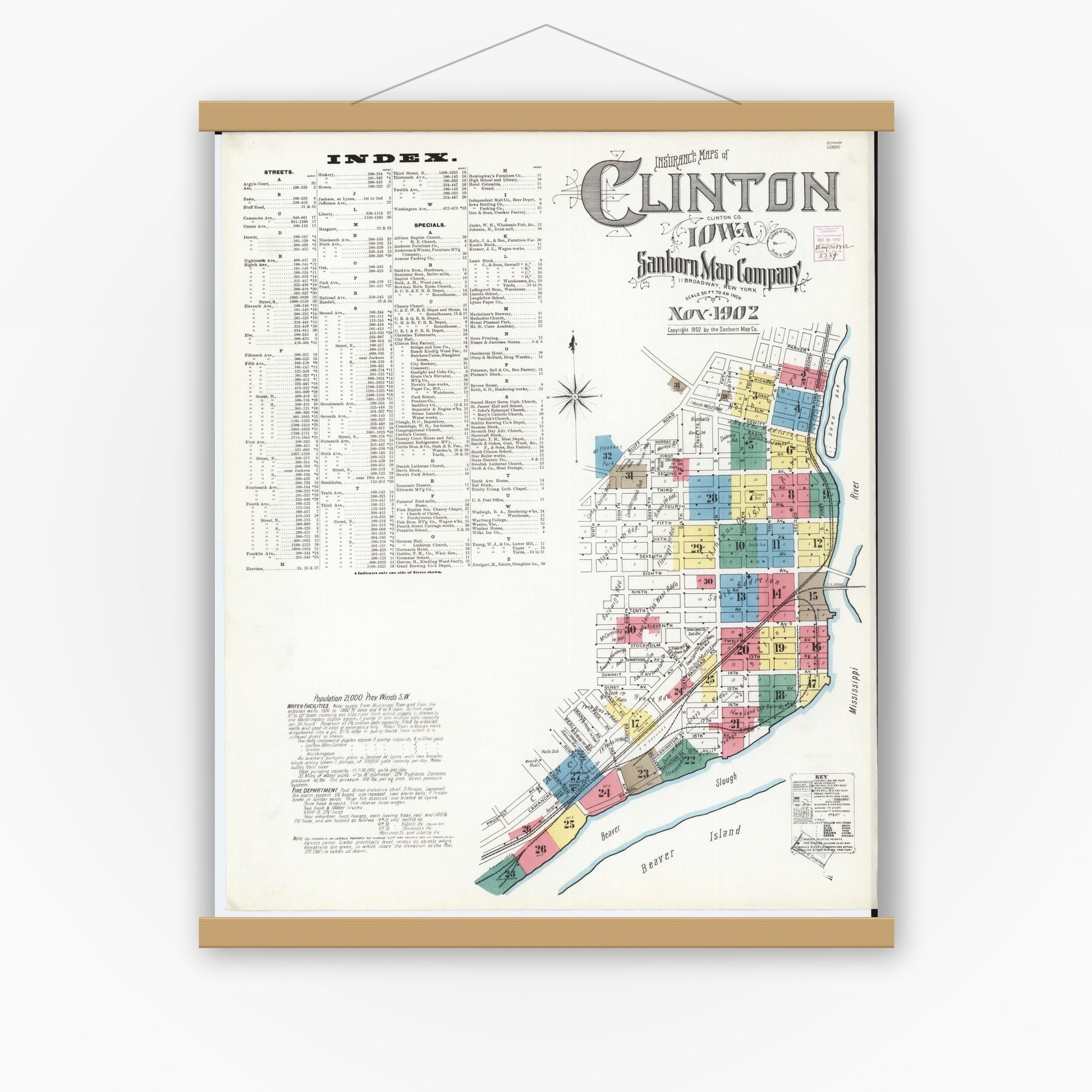 Old map wall art mockup — magnetic wood frame on white wall — Sanborn Fire Insurance Map from Clinton, Clinton County, Iowa (1902) â€” Complete Set
