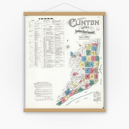 Old map wall art mockup — magnetic wood frame on white wall — Sanborn Fire Insurance Map from Clinton, Clinton County, Iowa (1902) â€” Complete Set