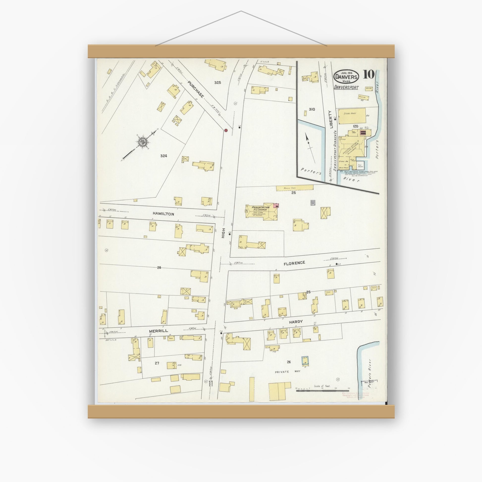 Old map wall art mockup — magnetic wood frame on white wall — Sanborn Fire Insurance Map from Danvers, Essex County, Massachusetts (1916), Sheet #0010