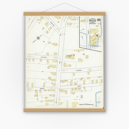 Old map wall art mockup — magnetic wood frame on white wall — Sanborn Fire Insurance Map from Danvers, Essex County, Massachusetts (1916), Sheet #0010