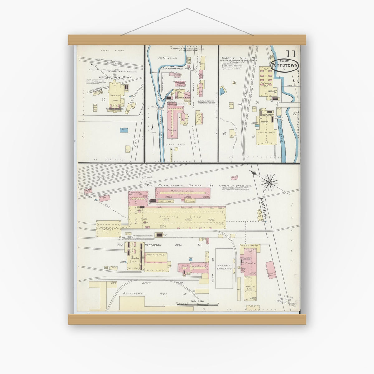 Old map wall art mockup — magnetic wood frame on white wall — Sanborn Fire Insurance Map from Pottstown, Montgomery County, Pennsylvania (1891), Sheet #0011