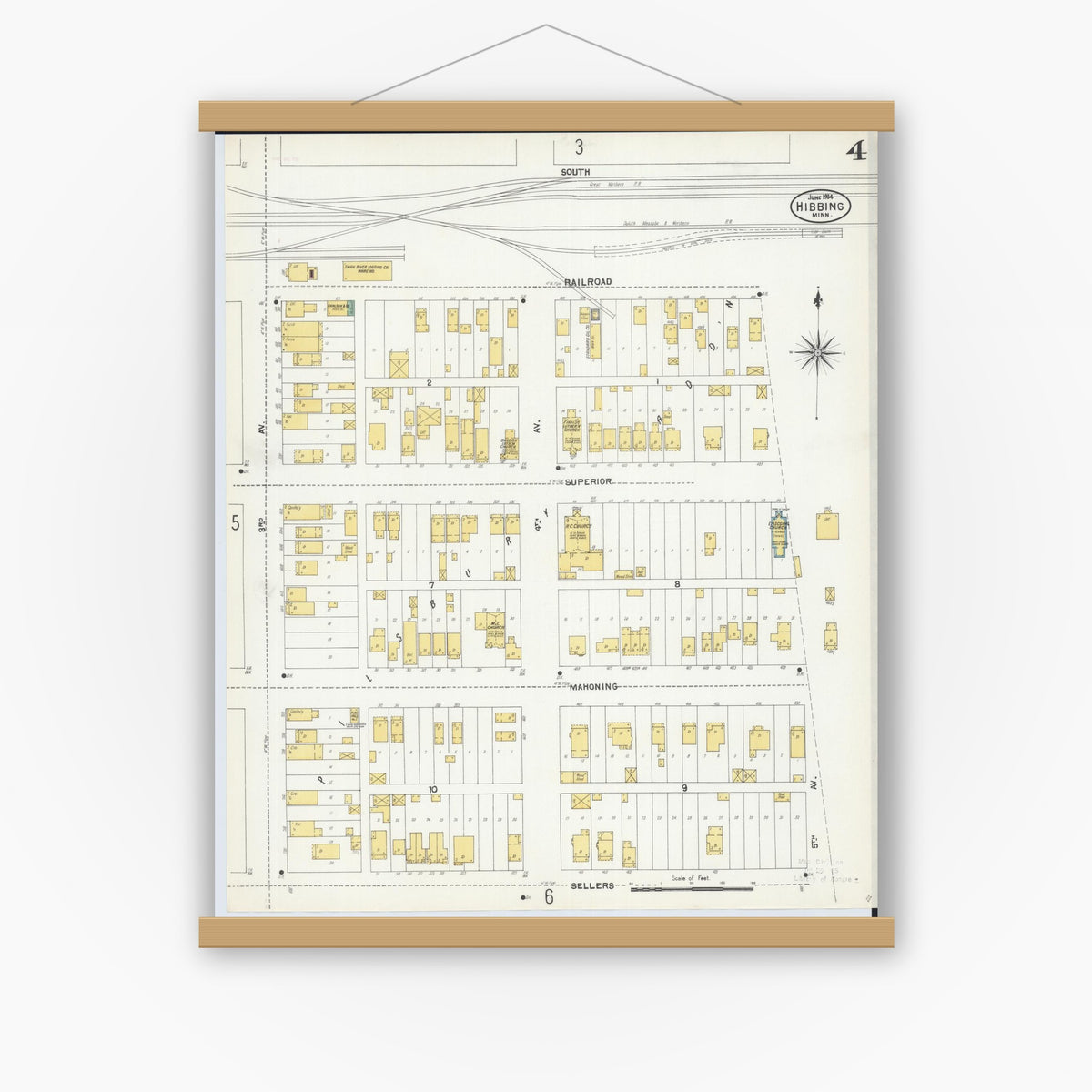 Old map wall art mockup — magnetic wood frame on white wall — Sanborn Fire Insurance Map from Hibbing, Saint Louis County, Minnesota (1904), Sheet #0004