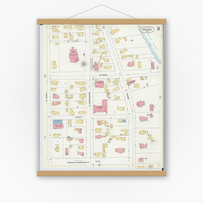 Old map wall art mockup — magnetic wood frame on white wall — Sanborn Fire Insurance Map from Ypsilanti, Washtenaw County, Michigan (1899), Sheet #0003