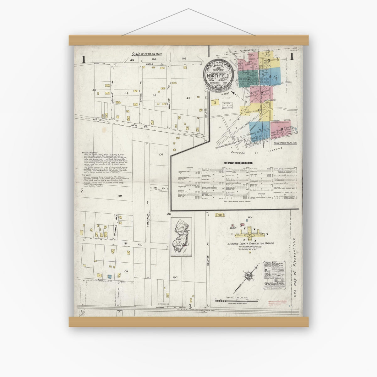 Old map wall art mockup — magnetic wood frame on white wall — Sanborn Fire Insurance Map from Northfield, Atlantic County, New Jersey (1924), Sheet #0001
