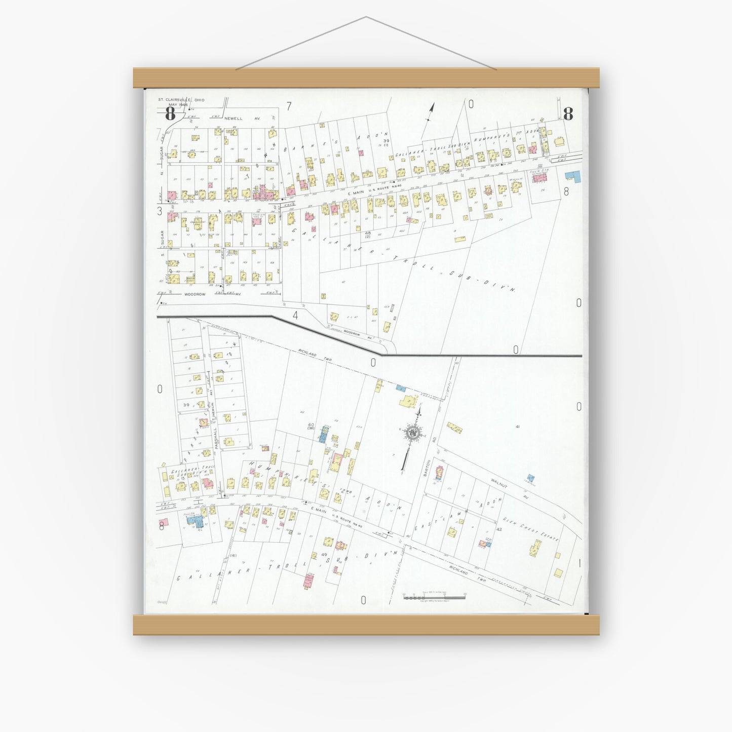 Old map wall art mockup — magnetic wood frame on white wall — Sanborn Fire Insurance Map from Saint Clairsville, Belmont County, Ohio (1946), Sheet #0008