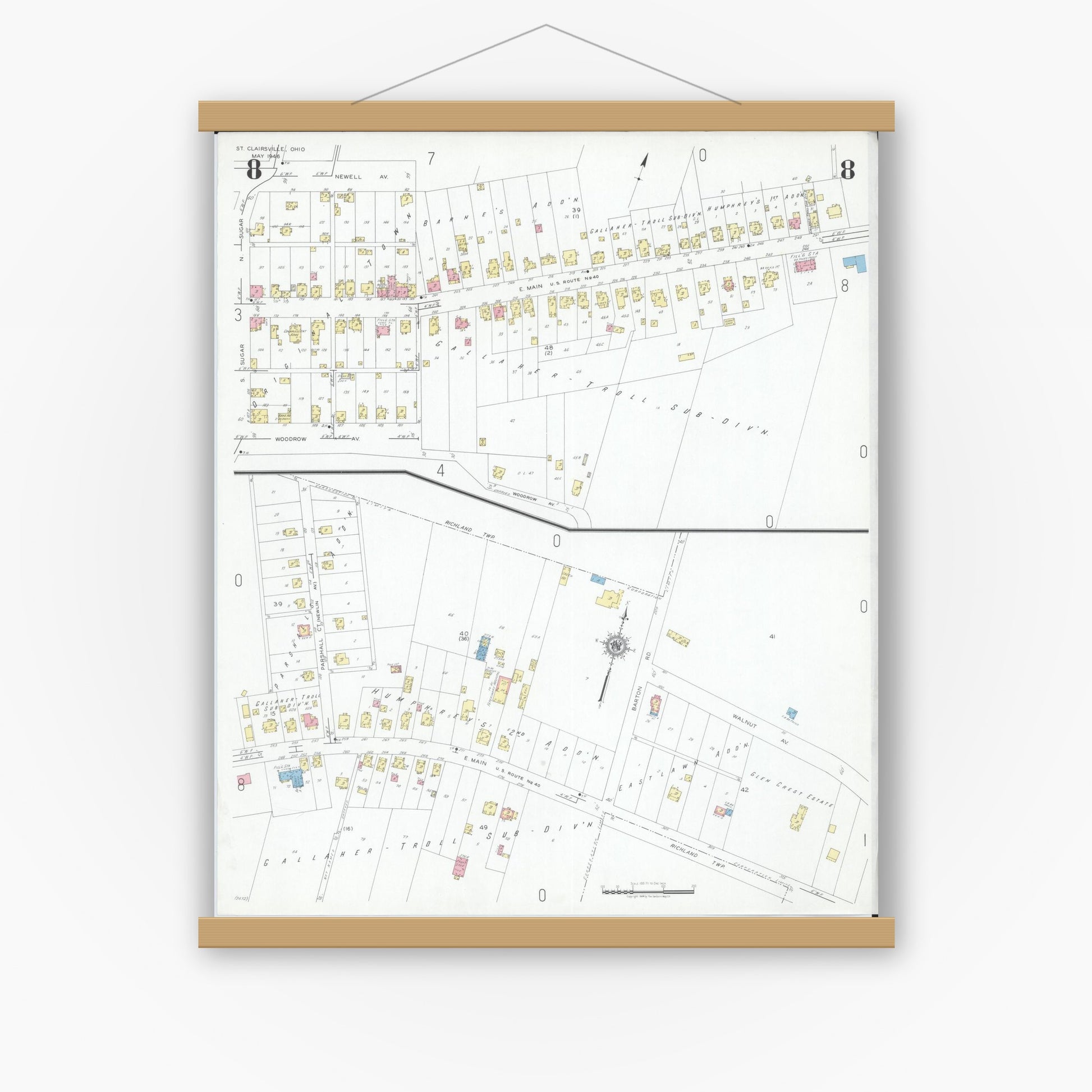 Old map wall art mockup — magnetic wood frame on white wall — Sanborn Fire Insurance Map from Saint Clairsville, Belmont County, Ohio (1946), Sheet #0008