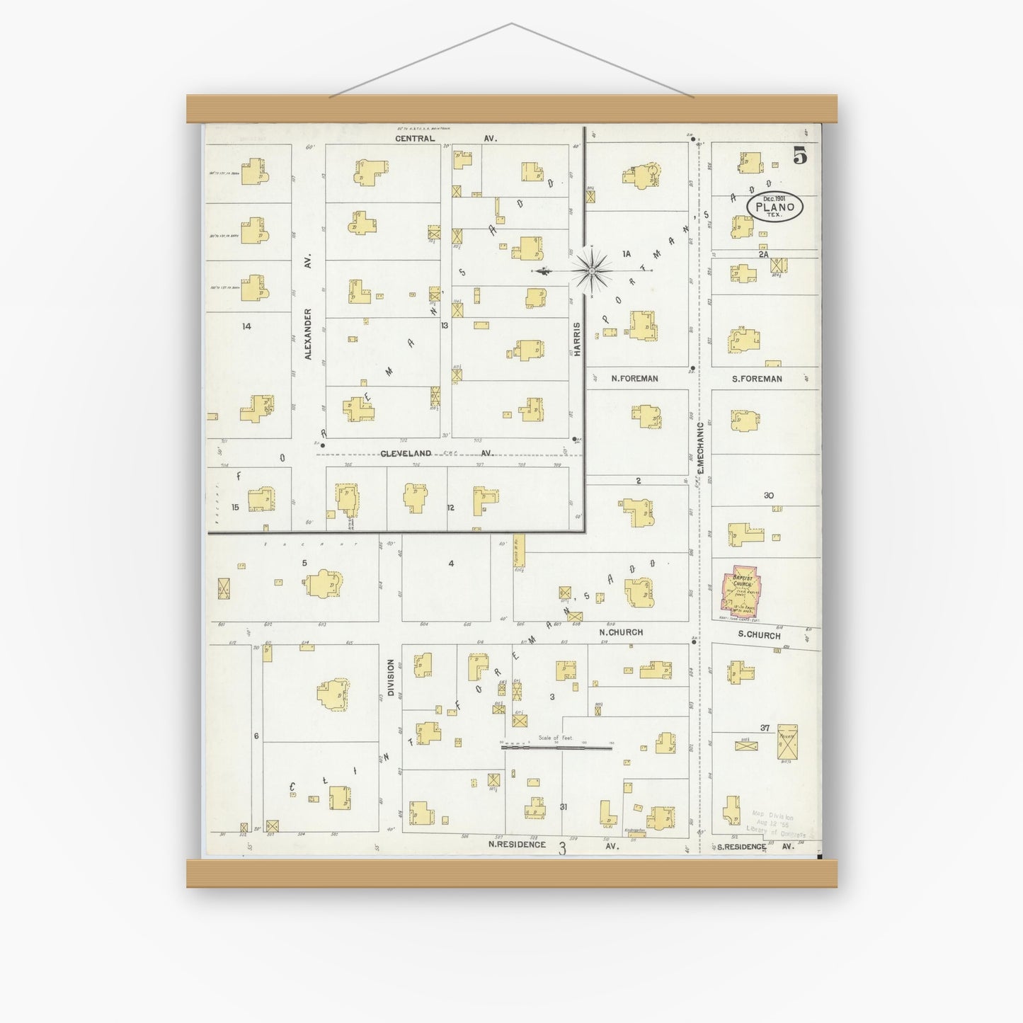 Old map wall art mockup — magnetic wood frame on white wall — Sanborn Fire Insurance Map from Plano, Collin County, Texas (1901), Sheet #0005