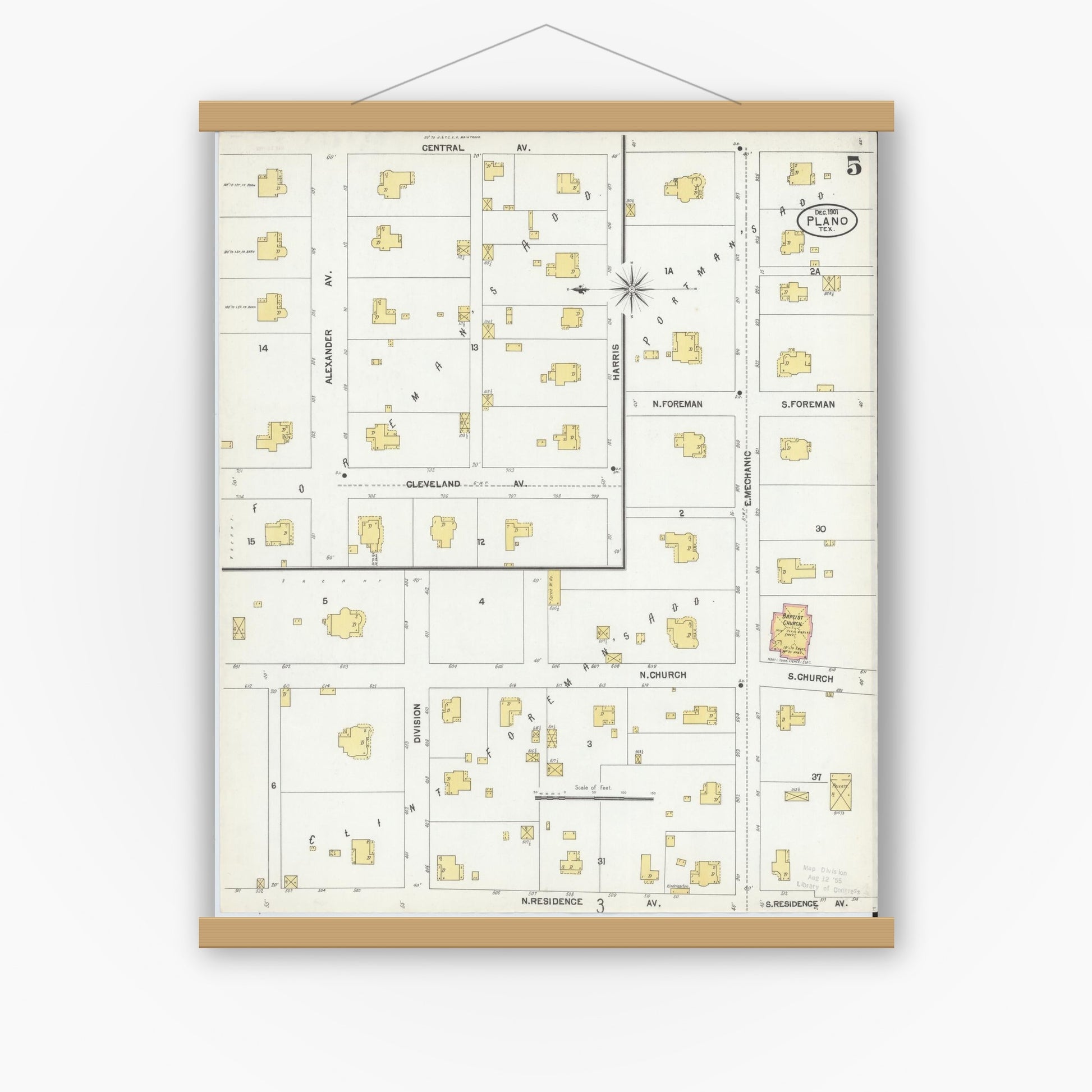 Old map wall art mockup — magnetic wood frame on white wall — Sanborn Fire Insurance Map from Plano, Collin County, Texas (1901), Sheet #0005