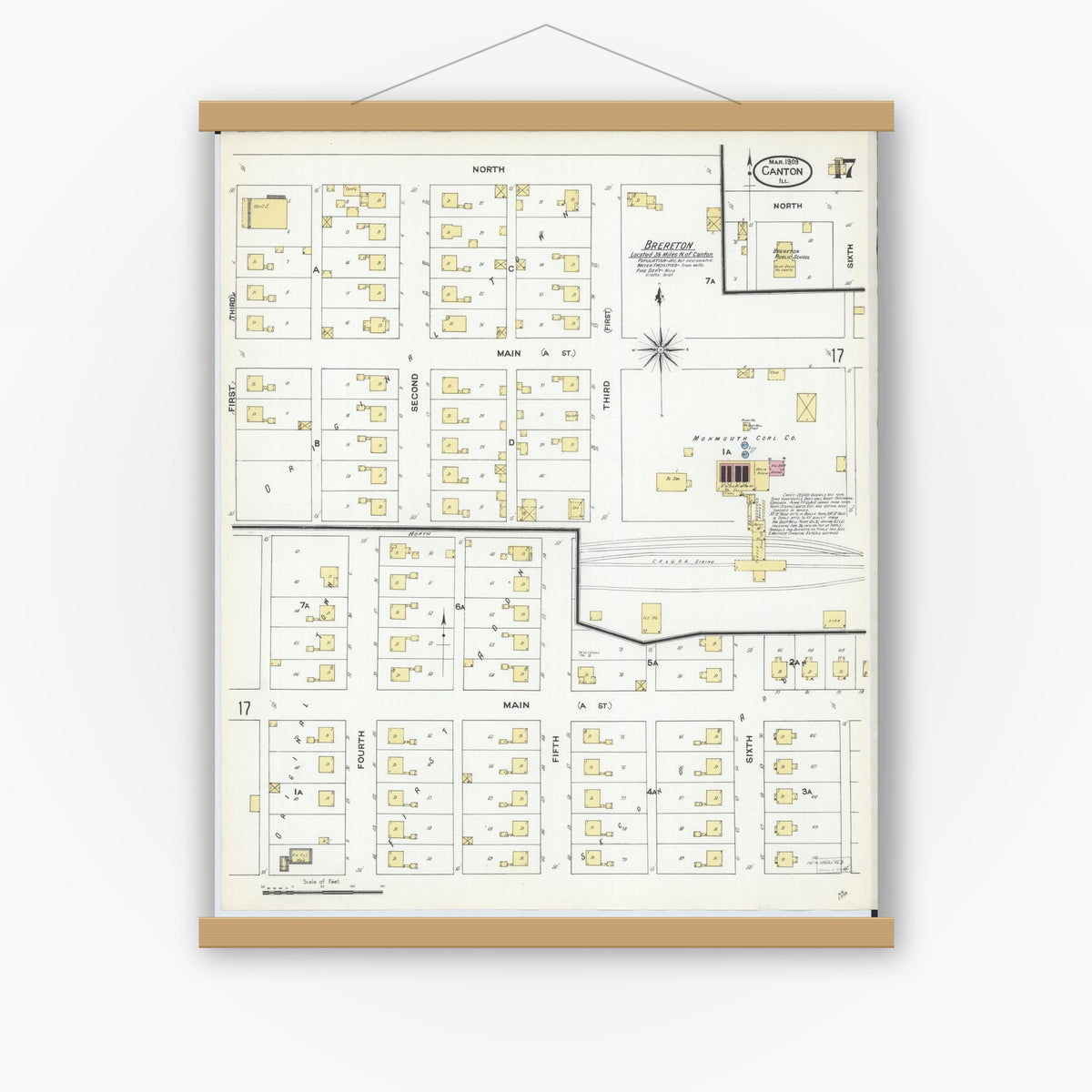 Old map wall art mockup — magnetic wood frame on white wall — Sanborn Fire Insurance Map from Canton, Fulton County, Illinois (1909), Sheet #0017