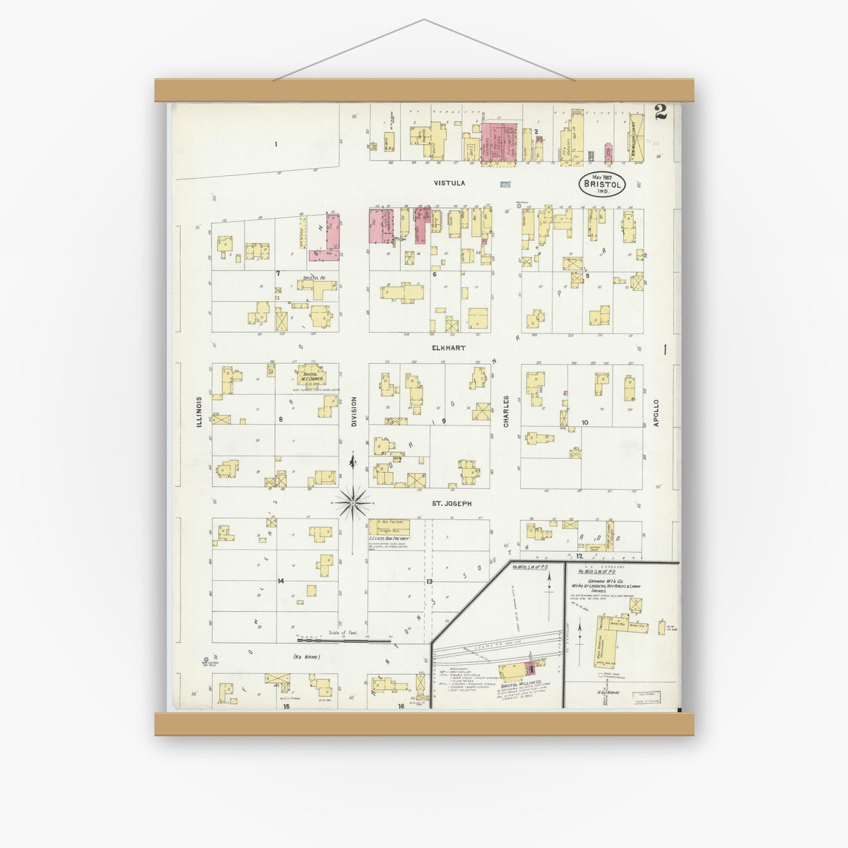 Old map wall art mockup — magnetic wood frame on white wall — Sanborn Fire Insurance Map from Bristol, Elkhart County, Indiana (1907), Sheet #0002