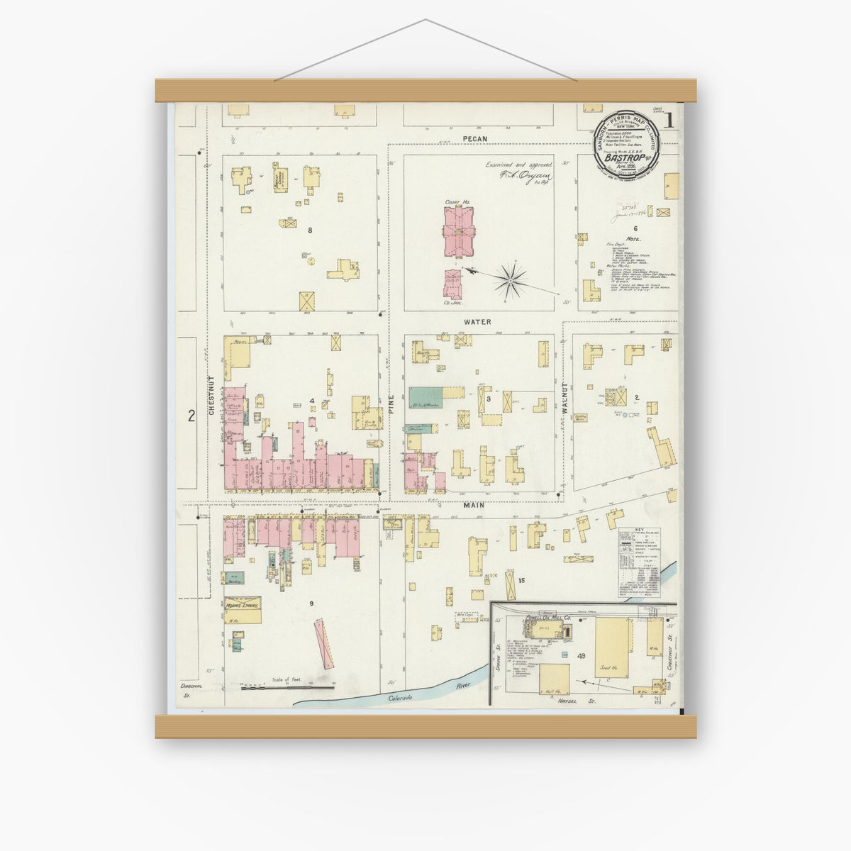 Old map wall art mockup — magnetic wood frame on white wall — Sanborn Fire Insurance Map from Bastrop, Bastrop County, Texas (1896) - Complete Map Set