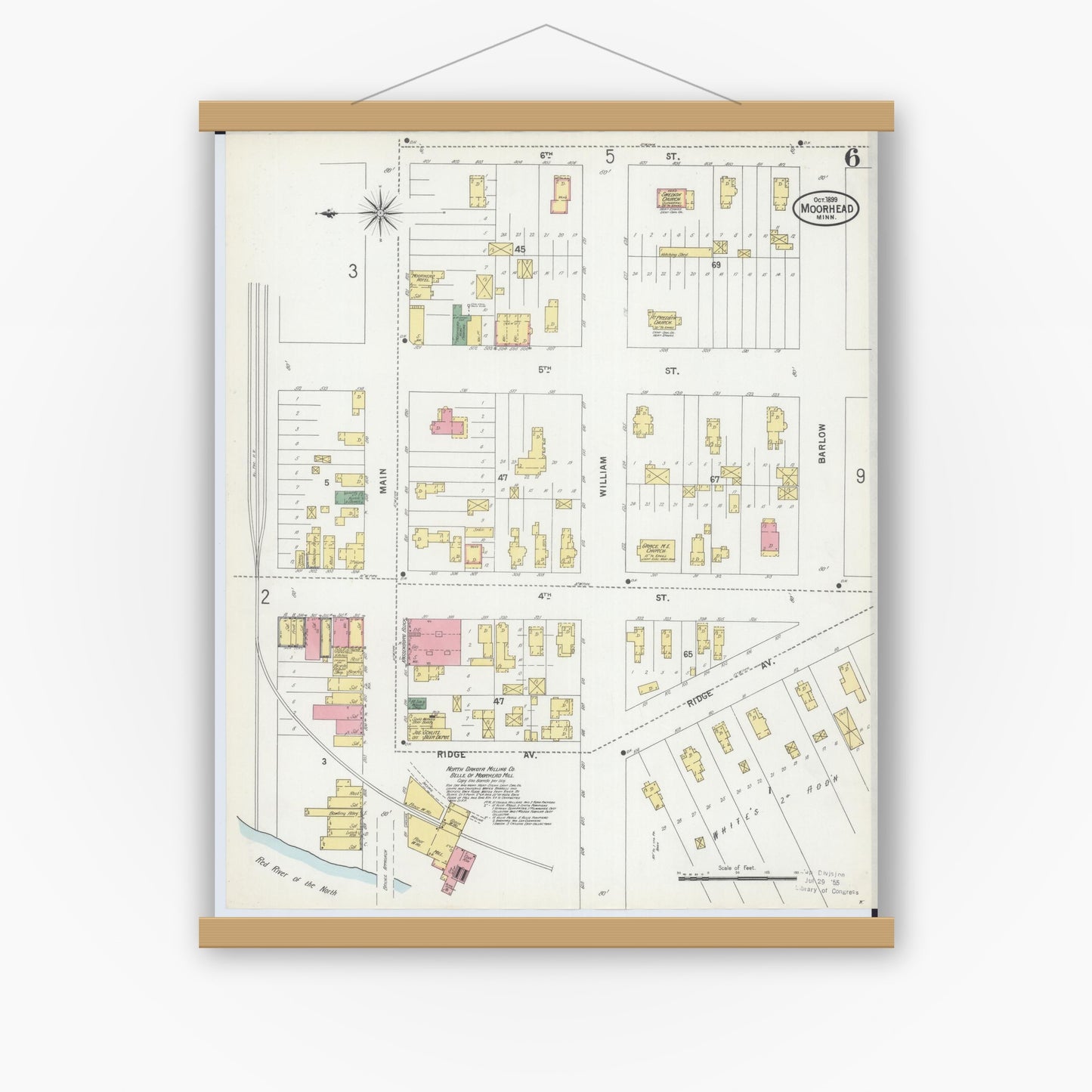 Old map wall art mockup — magnetic wood frame on white wall — Sanborn Fire Insurance Map from Moorhead, Clay County, Minnesota (1899), Sheet #0006