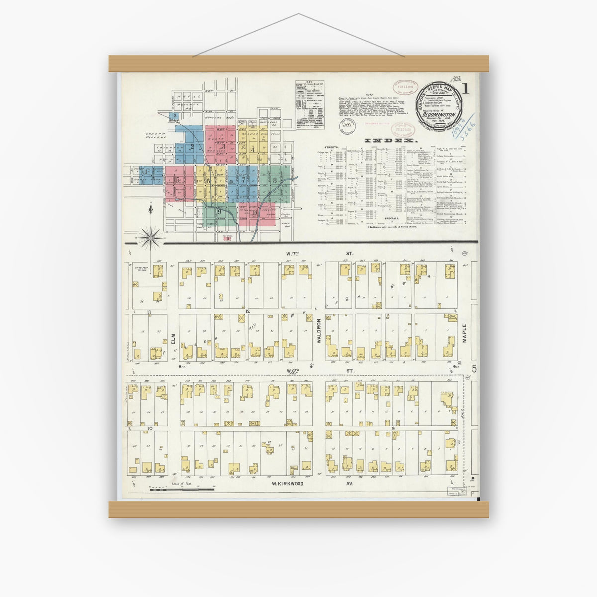 Old map wall art mockup — magnetic wood frame on white wall — Sanborn Fire Insurance Map from Bloomington, Monroe County, Indiana (1898) - Complete Map Set