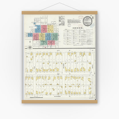 Old map wall art mockup — magnetic wood frame on white wall — Sanborn Fire Insurance Map from Bloomington, Monroe County, Indiana (1898) - Complete Map Set