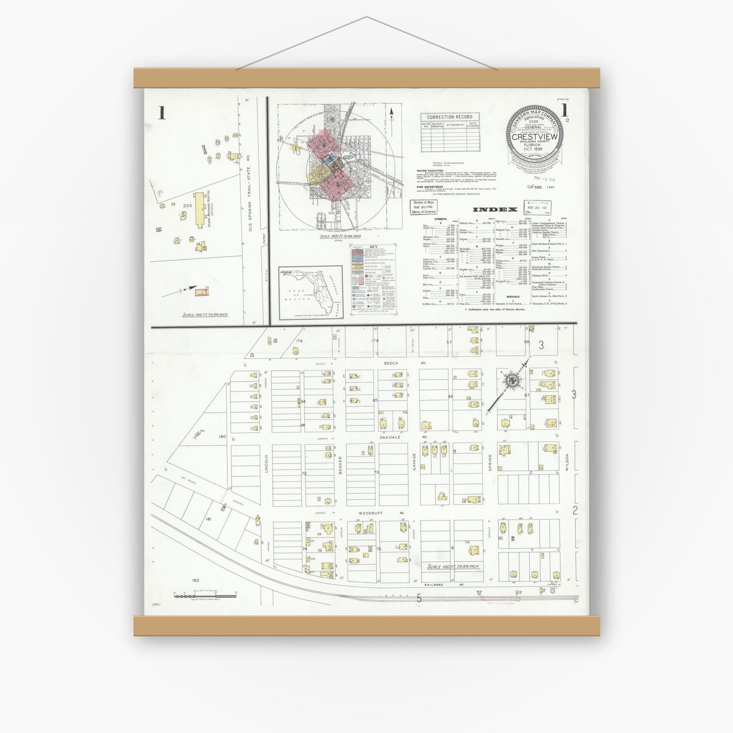 Old map wall art mockup — magnetic wood frame on white wall — Sanborn Fire Insurance Map from Crestview, Okaloosa County, Florida (1939) - Complete Map Set