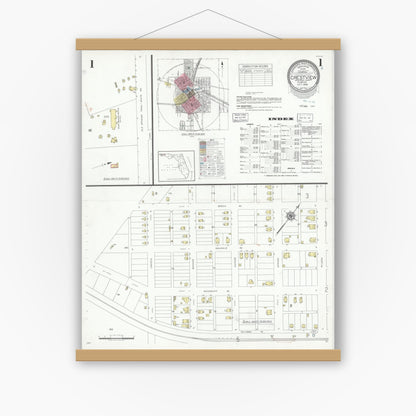 Old map wall art mockup — magnetic wood frame on white wall — Sanborn Fire Insurance Map from Crestview, Okaloosa County, Florida (1939) - Complete Map Set