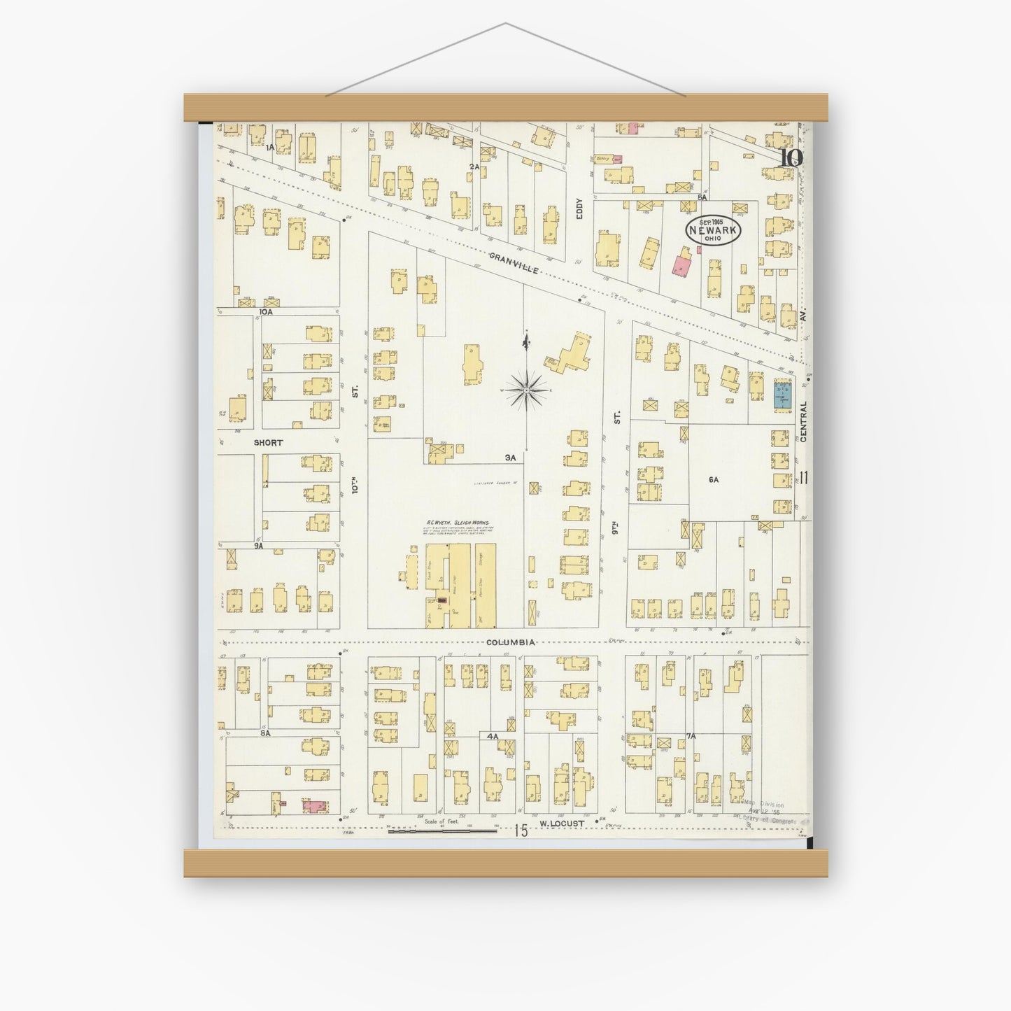 Old map wall art mockup — magnetic wood frame on white wall — Sanborn Fire Insurance Map from Newark, Licking County, Ohio (1905), Sheet #0010