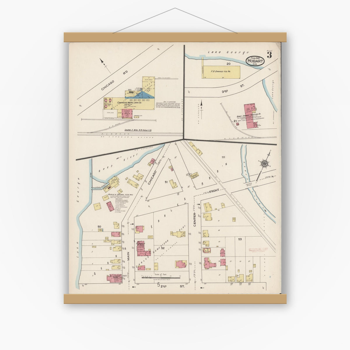 Old map wall art mockup — magnetic wood frame on white wall — Sanborn Fire Insurance Map from Hobart, Lake County, Indiana (1922), Sheet #0003