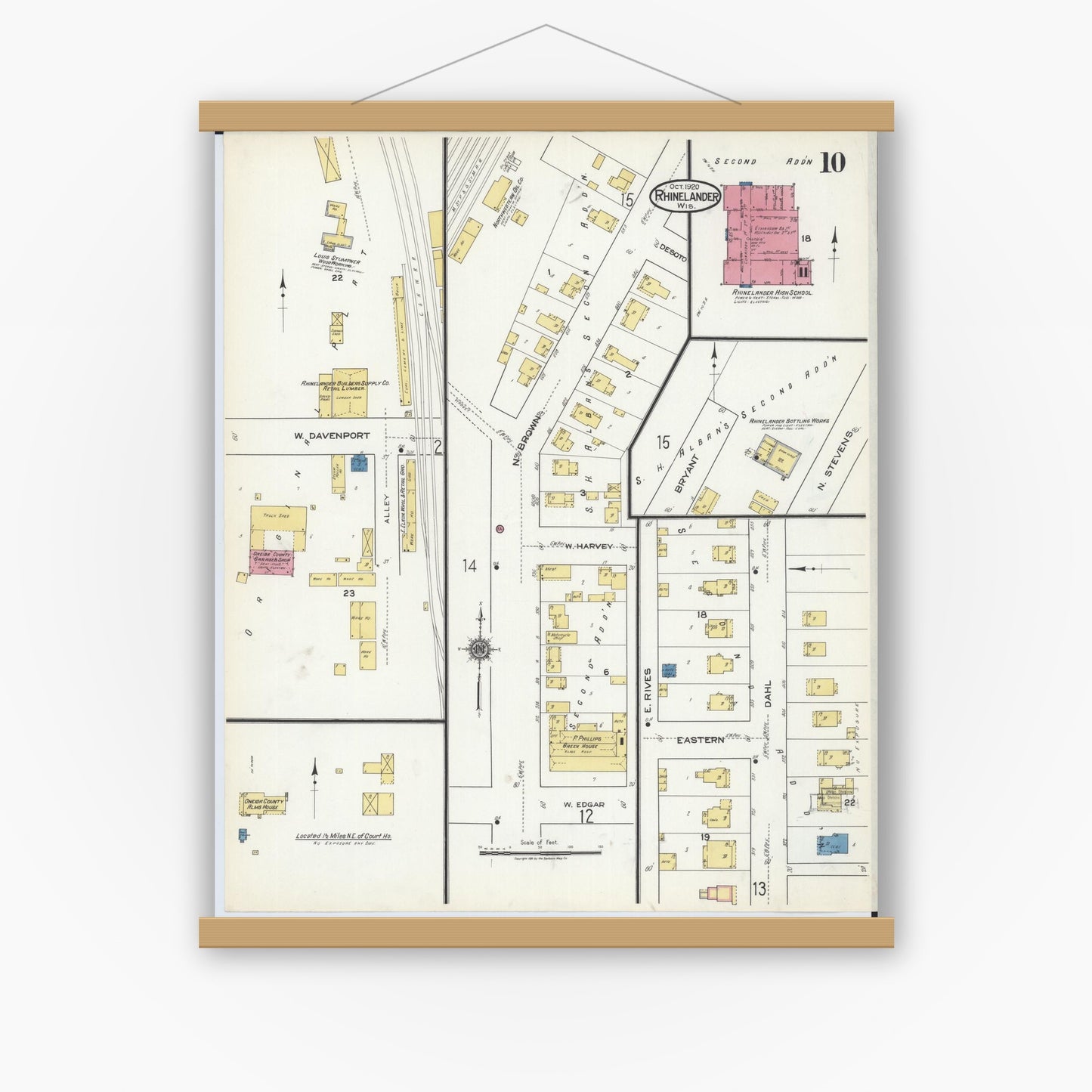 Old map wall art mockup — magnetic wood frame on white wall — Sanborn Fire Insurance Map from Rhinelander, Oneida County, Wisconsin (1920), Sheet #0010