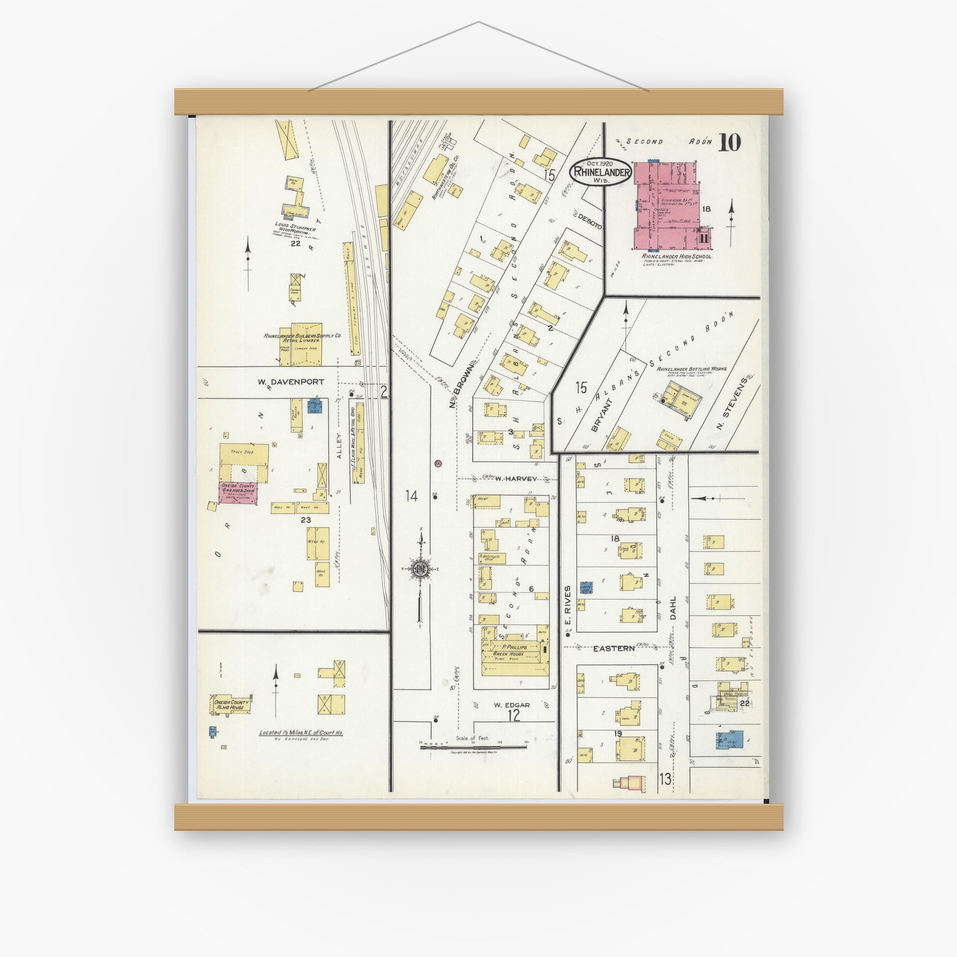 Old map wall art mockup — magnetic wood frame on white wall — Sanborn Fire Insurance Map from Rhinelander, Oneida County, Wisconsin (1920), Sheet #0010