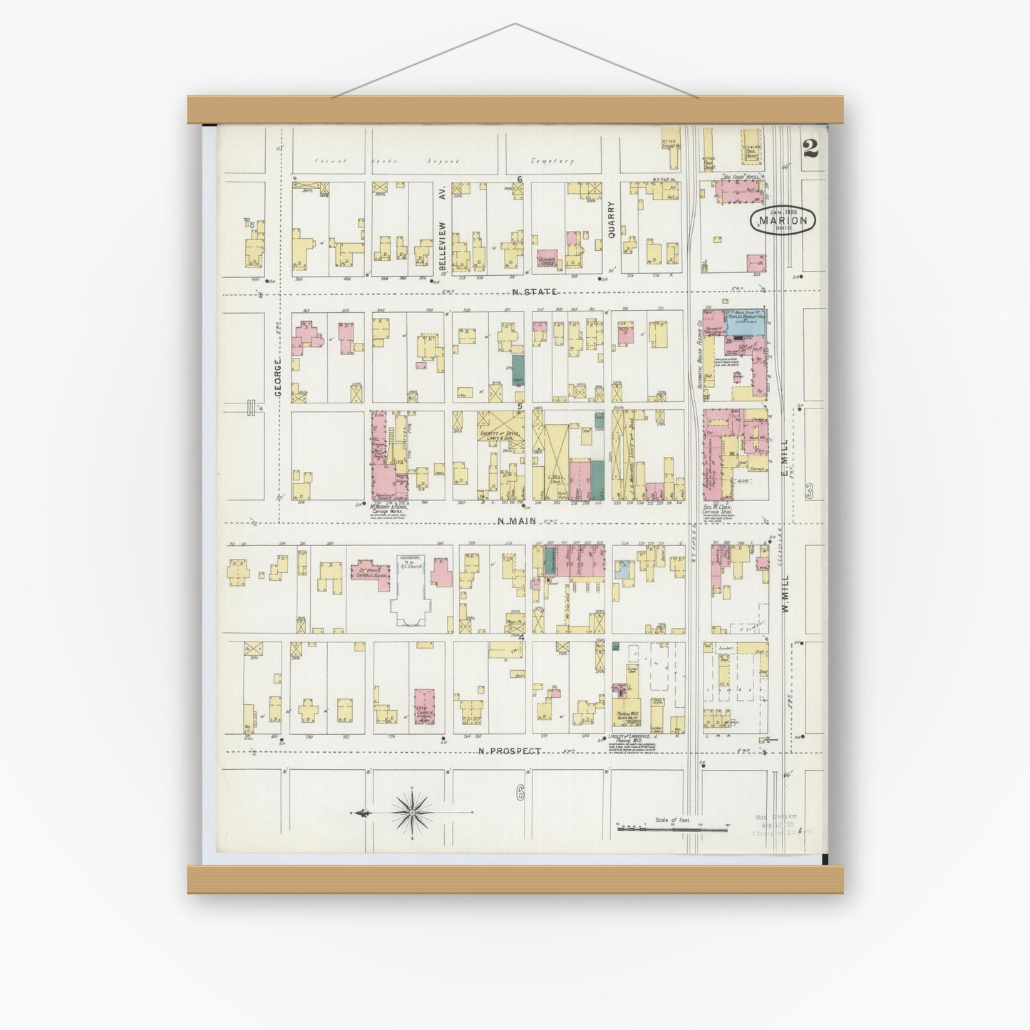 Old map wall art mockup — magnetic wood frame on white wall — Sanborn Fire Insurance Map from Marion, Marion County, Ohio (1895), Sheet #0002
