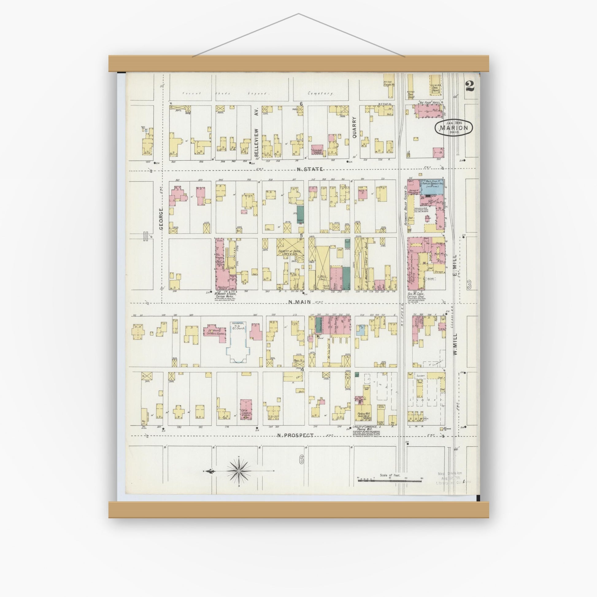 Old map wall art mockup — magnetic wood frame on white wall — Sanborn Fire Insurance Map from Marion, Marion County, Ohio (1895), Sheet #0002