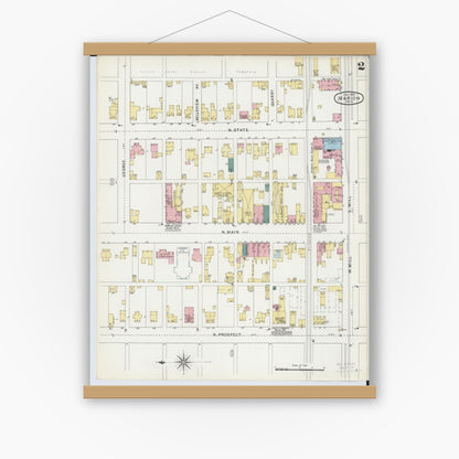 Old map wall art mockup — magnetic wood frame on white wall — Sanborn Fire Insurance Map from Marion, Marion County, Ohio (1895), Sheet #0002