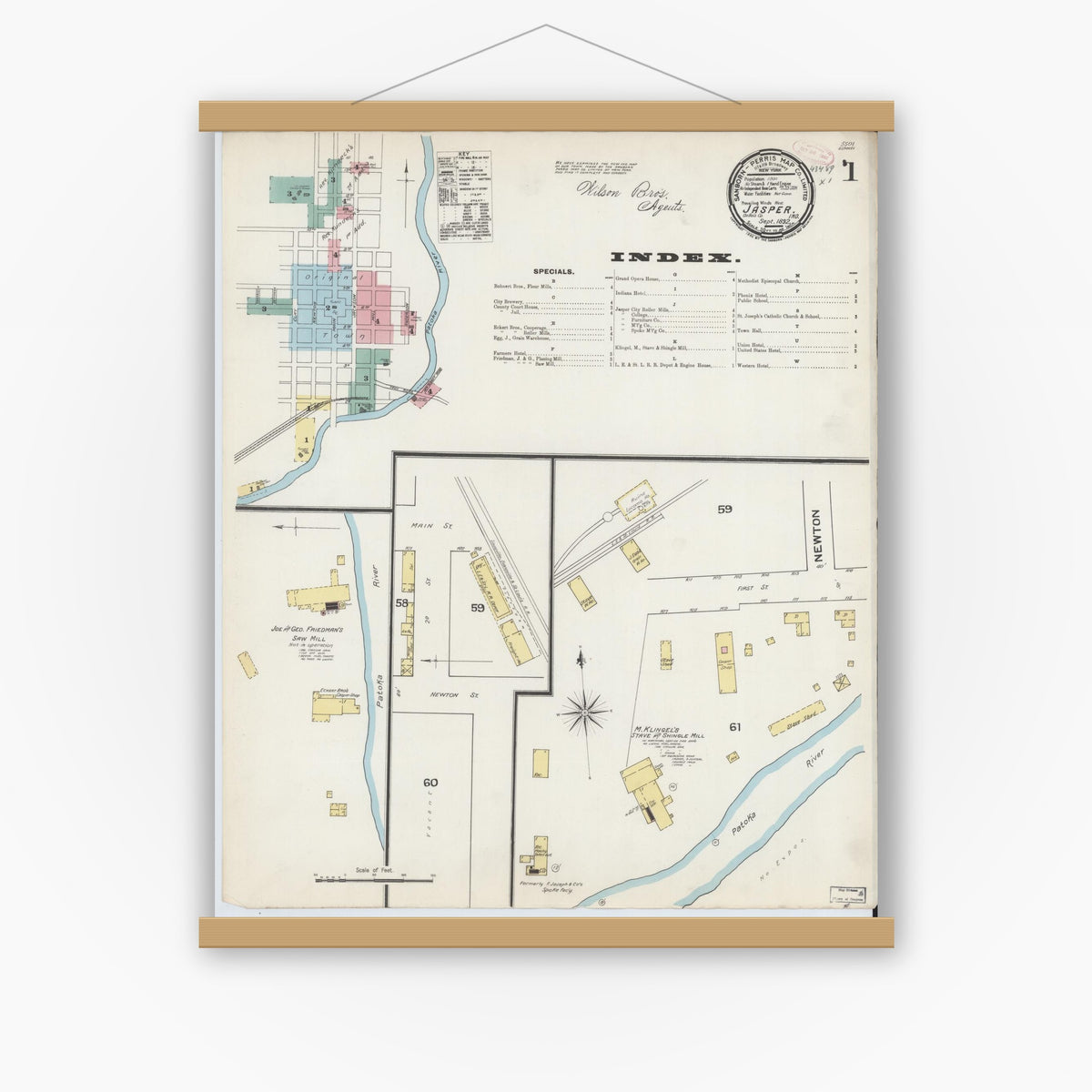 Old map wall art mockup — magnetic wood frame on white wall — Sanborn Fire Insurance Map from Jasper, Dubois County, Indiana (1892) - Complete Map Set