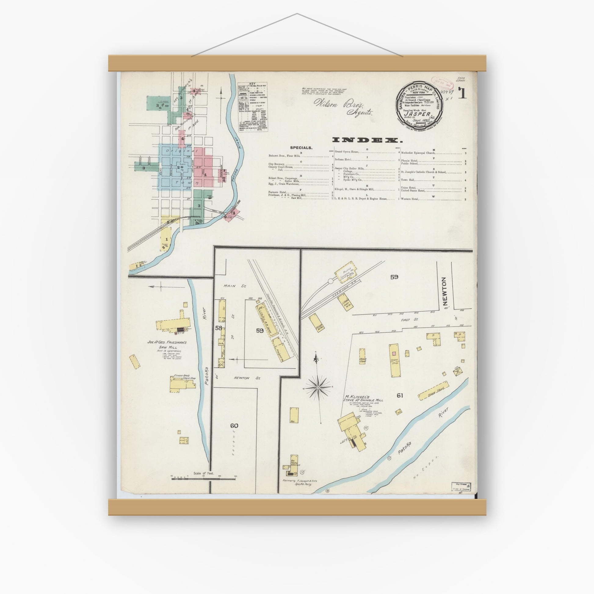 Old map wall art mockup — magnetic wood frame on white wall — Sanborn Fire Insurance Map from Jasper, Dubois County, Indiana (1892) - Complete Map Set