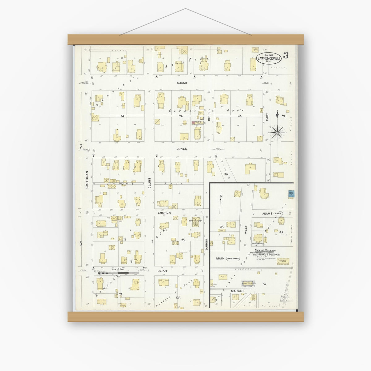 Old map wall art mockup — magnetic wood frame on white wall — Sanborn Fire Insurance Map from Lawrenceville, Lawrence County, Illinois (1908), Sheet #0003