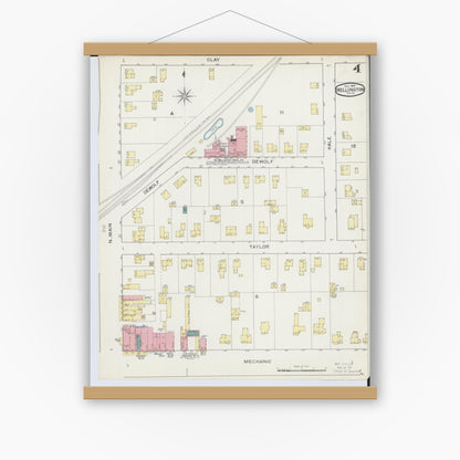 Old map wall art mockup — magnetic wood frame on white wall — Sanborn Fire Insurance Map from Wellington, Lorain County, Ohio (1893), Sheet #0004