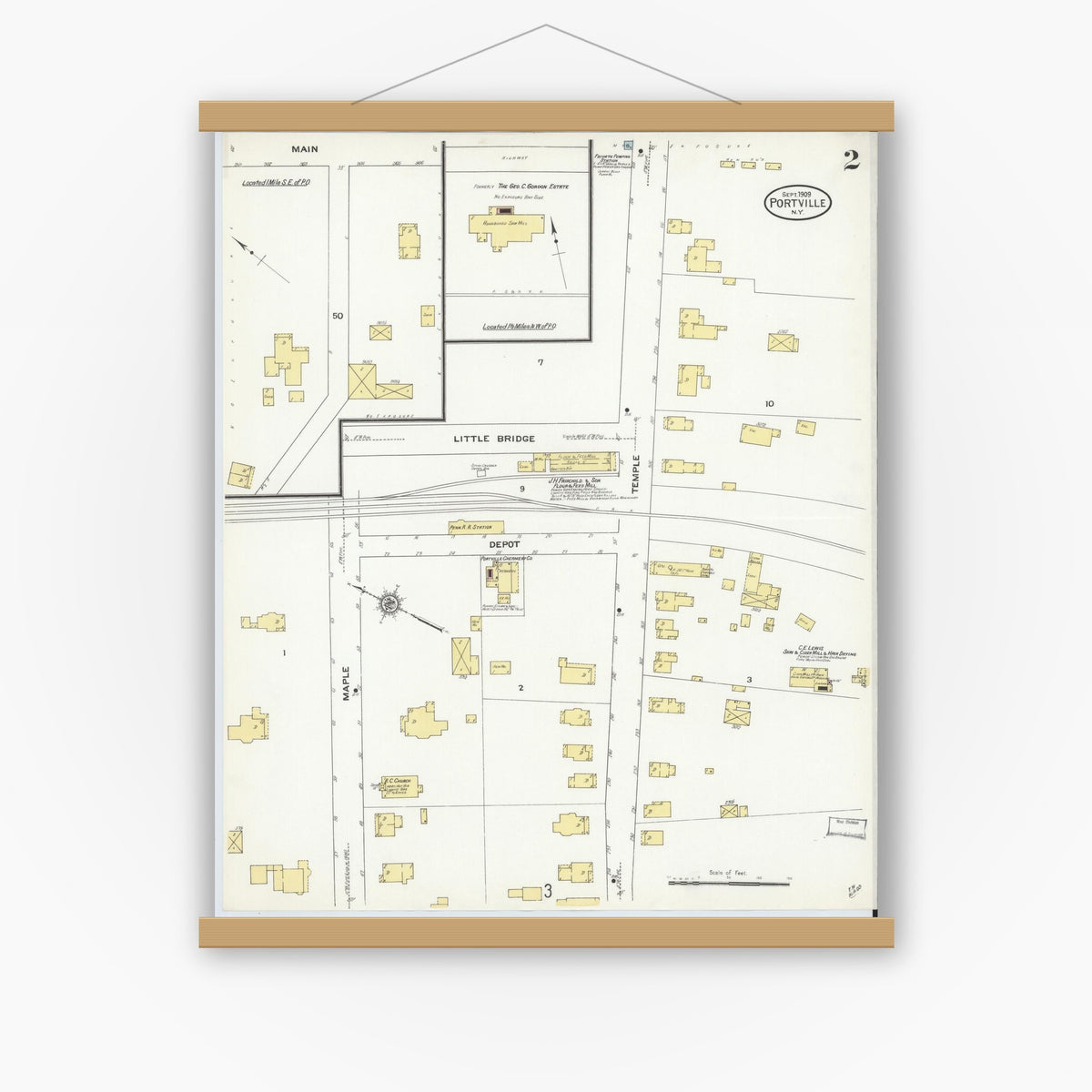 Old map wall art mockup — magnetic wood frame on white wall — Sanborn Fire Insurance Map from Portville, Cattaraugus County, New York (1909), Sheet #0002