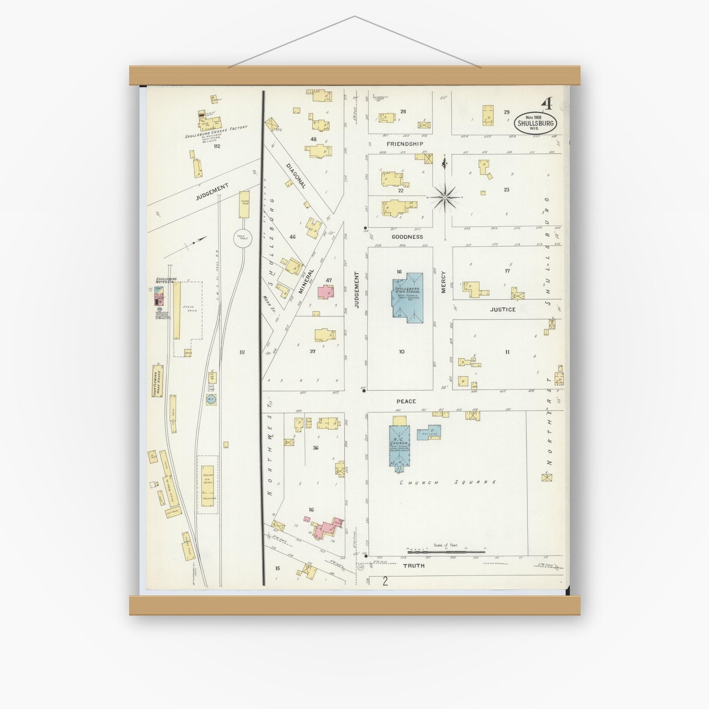Old map wall art mockup — magnetic wood frame on white wall — Sanborn Fire Insurance Map from Shullsburg, Lafayette County, Wisconsin (1908), Sheet #0004