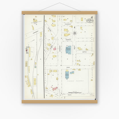 Old map wall art mockup — magnetic wood frame on white wall — Sanborn Fire Insurance Map from Shullsburg, Lafayette County, Wisconsin (1908), Sheet #0004