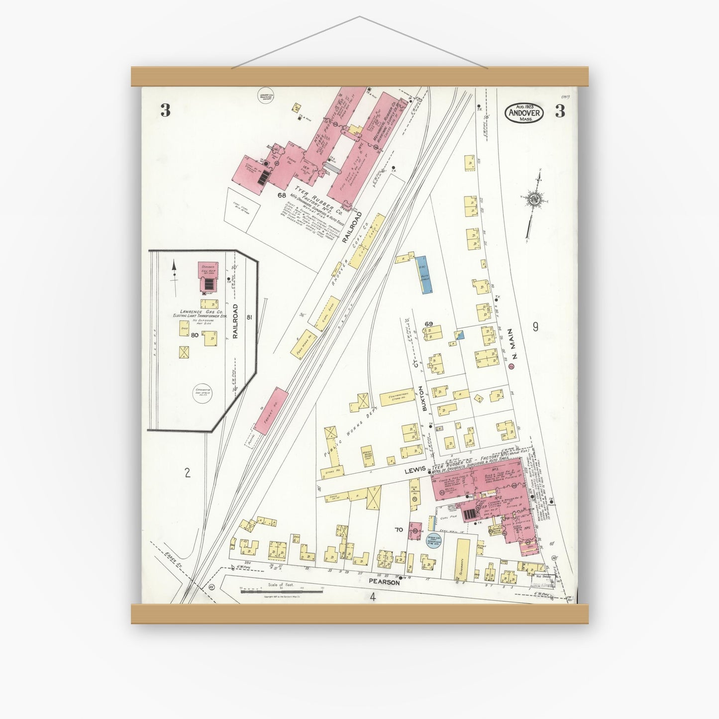 Old map wall art mockup — magnetic wood frame on white wall — Sanborn Fire Insurance Map from Andover, Essex County, Massachusetts (1923), Sheet #0003