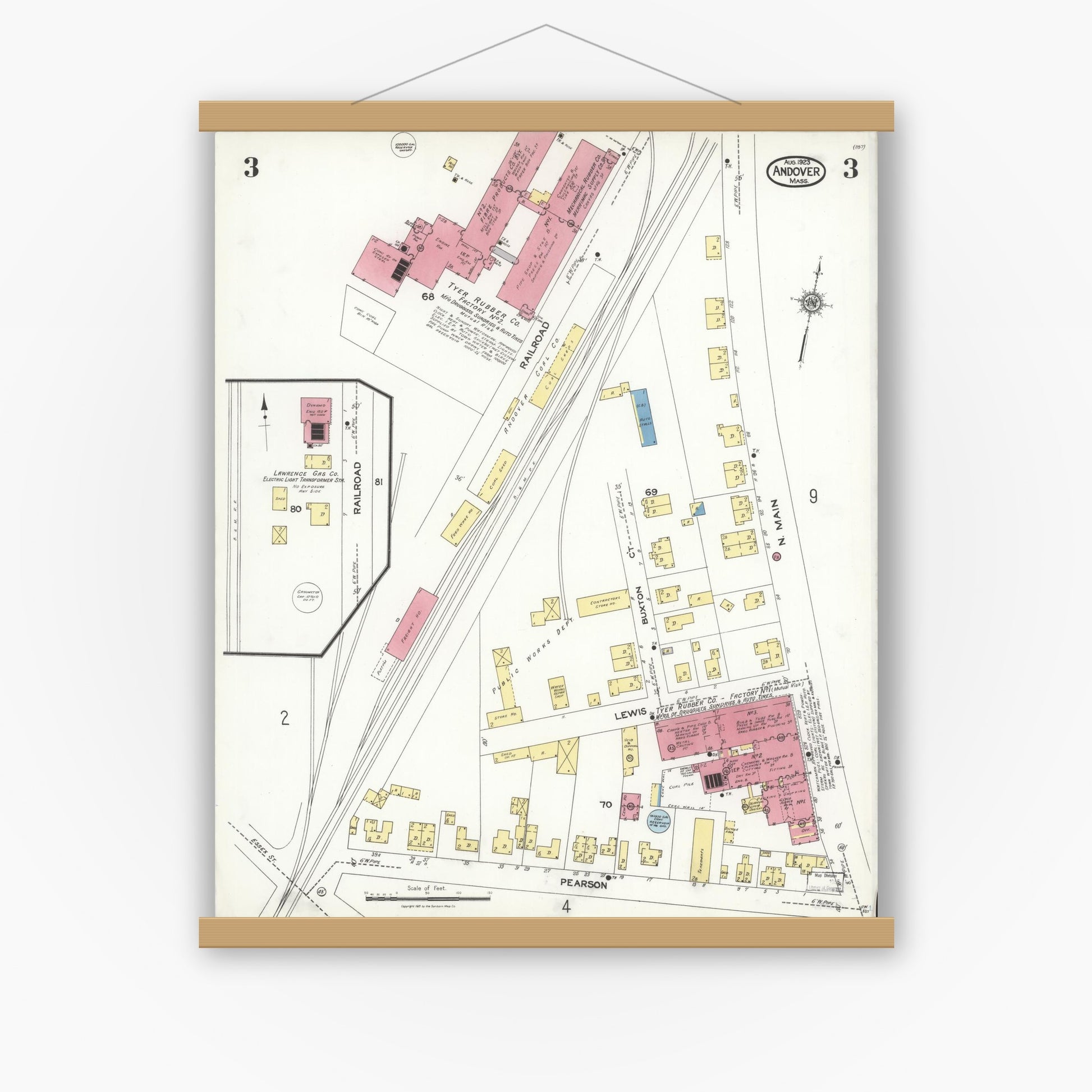 Old map wall art mockup — magnetic wood frame on white wall — Sanborn Fire Insurance Map from Andover, Essex County, Massachusetts (1923), Sheet #0003