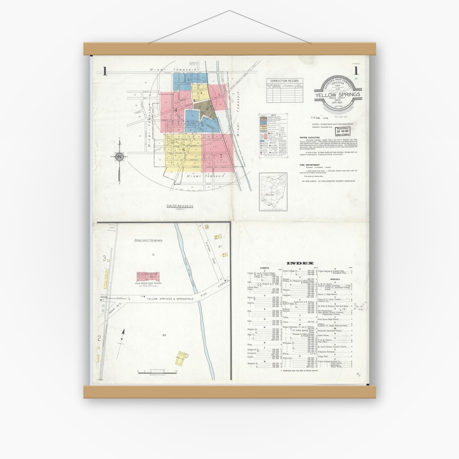 Old map wall art mockup — magnetic wood frame on white wall — Sanborn Fire Insurance Map from Yellow Springs, Greene County, Ohio (1937) - Complete Map Set