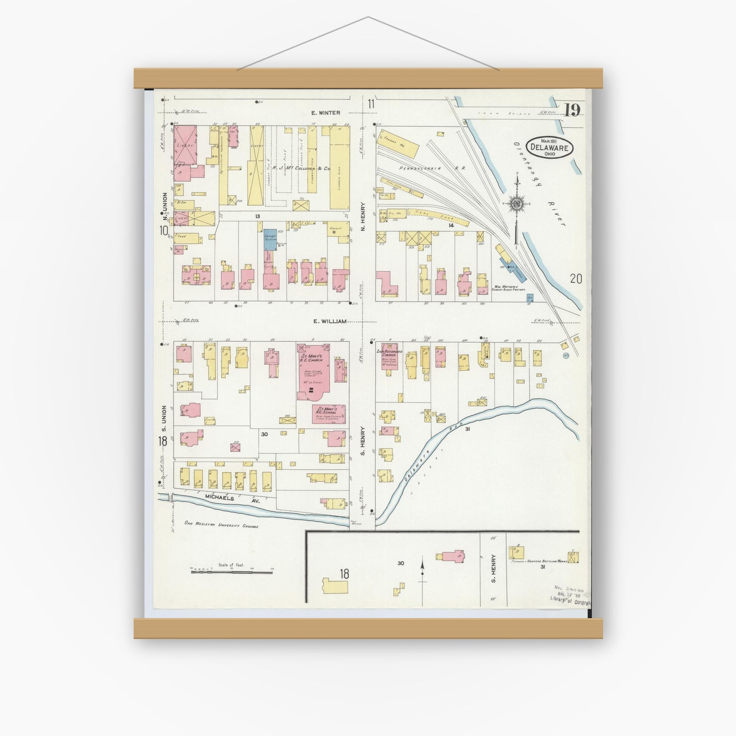 Old map wall art mockup — magnetic wood frame on white wall — Sanborn Fire Insurance Map from Delaware, Delaware County, Ohio (1911), Sheet #0019