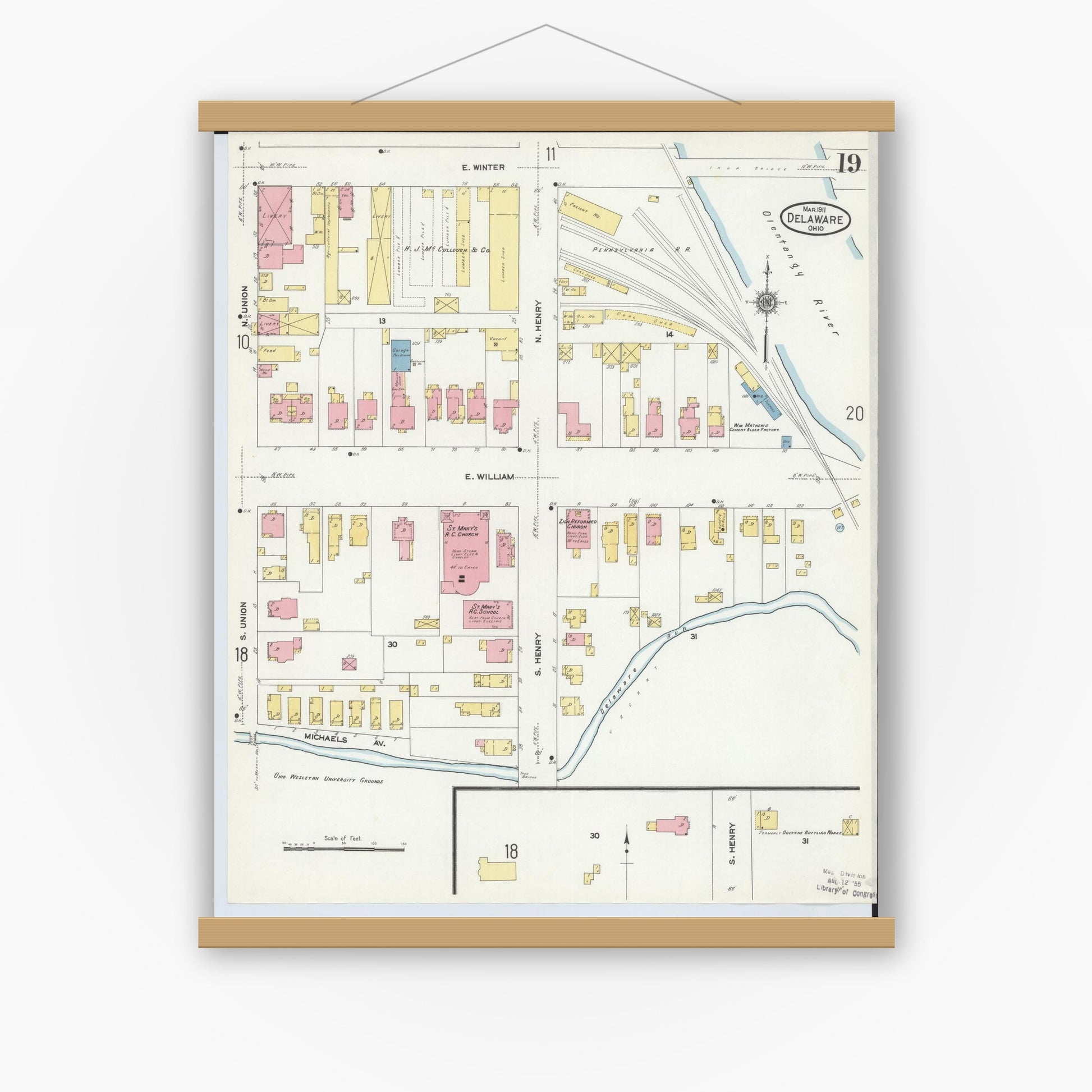 Old map wall art mockup — magnetic wood frame on white wall — Sanborn Fire Insurance Map from Delaware, Delaware County, Ohio (1911), Sheet #0019