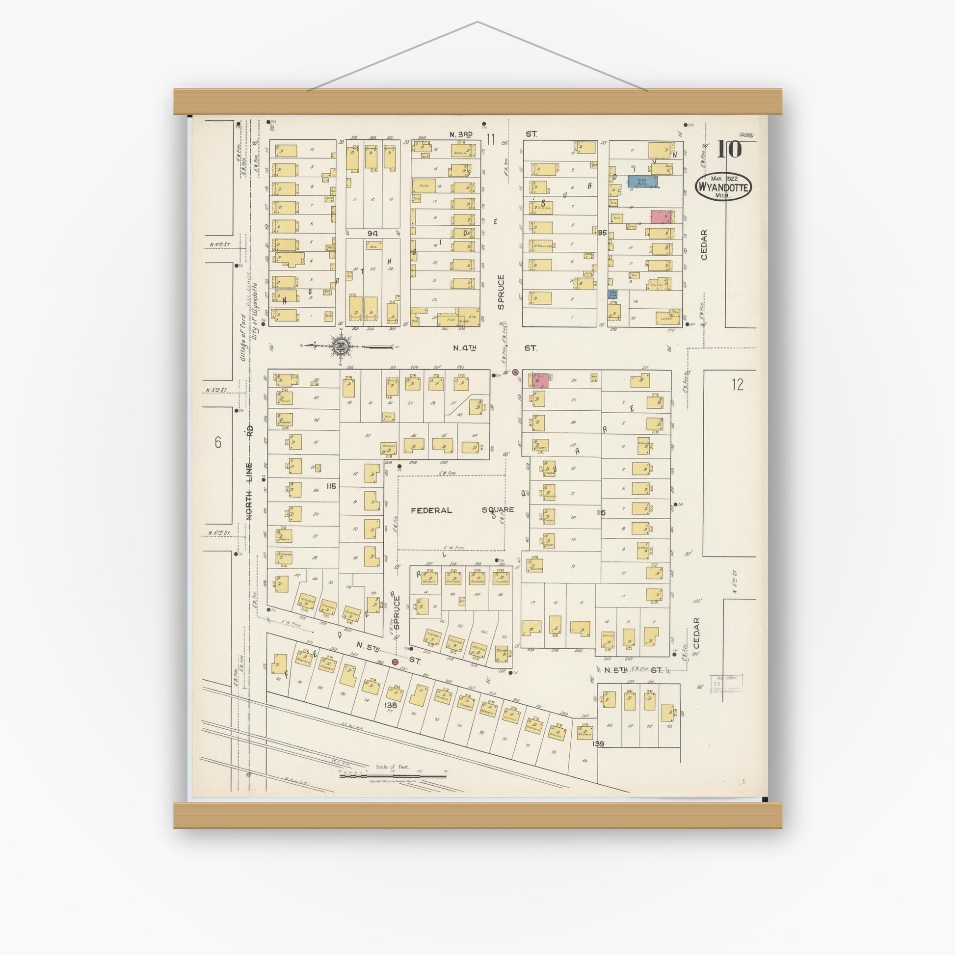 Old map wall art mockup — magnetic wood frame on white wall — Sanborn Fire Insurance Map from Wyandotte, Wayne County, Michigan (1922), Sheet #0010