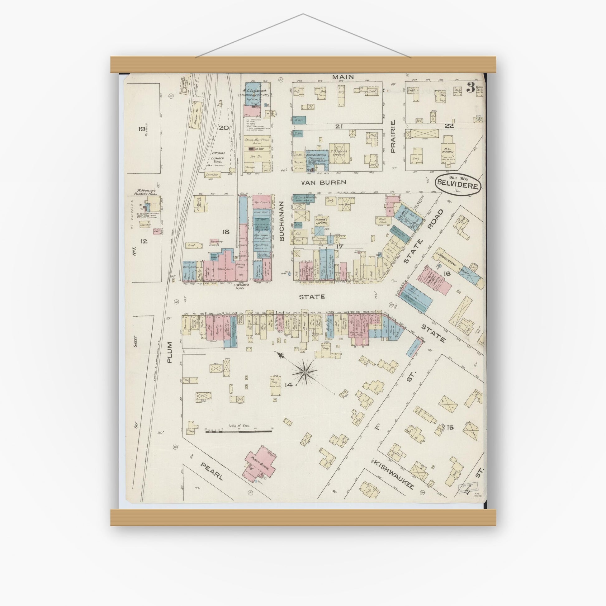 Old map wall art mockup — magnetic wood frame on white wall — Sanborn Fire Insurance Map from Belvidere, Boone County, Illinois (1885), Sheet #0003