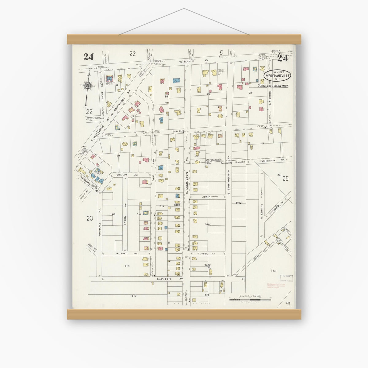 Old map wall art mockup — magnetic wood frame on white wall — Sanborn Fire Insurance Map from Merchantville, Camden County, New Jersey (1925), Sheet #0024