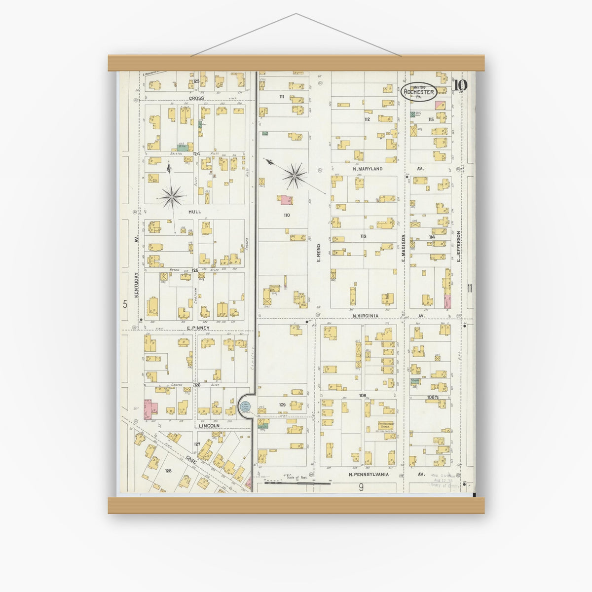 Old map wall art mockup — magnetic wood frame on white wall — Sanborn Fire Insurance Map from Rochester, Beaver County, Pennsylvania (1903), Sheet #0010