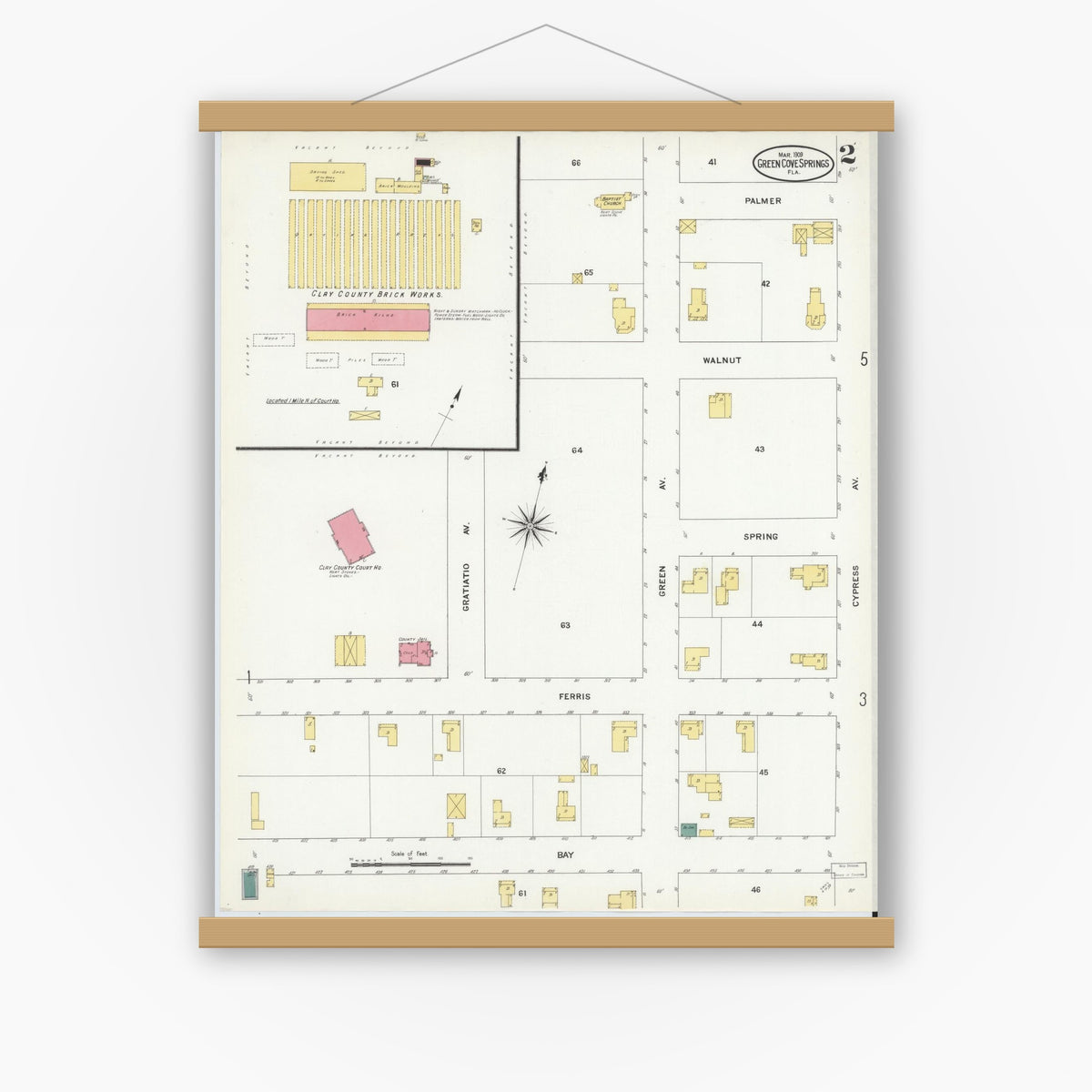 Old map wall art mockup — magnetic wood frame on white wall — Sanborn Fire Insurance Map from Green Cove Springs, Clay County, Florida (1909), Sheet #0002
