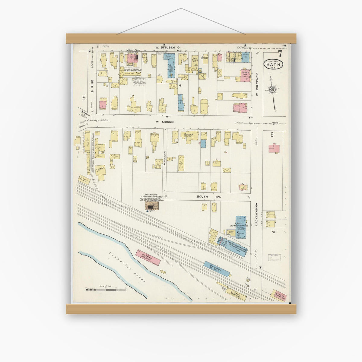 Old map wall art mockup — magnetic wood frame on white wall — Sanborn Fire Insurance Map from Bath, Steuben County, New York (1915), Sheet #0007