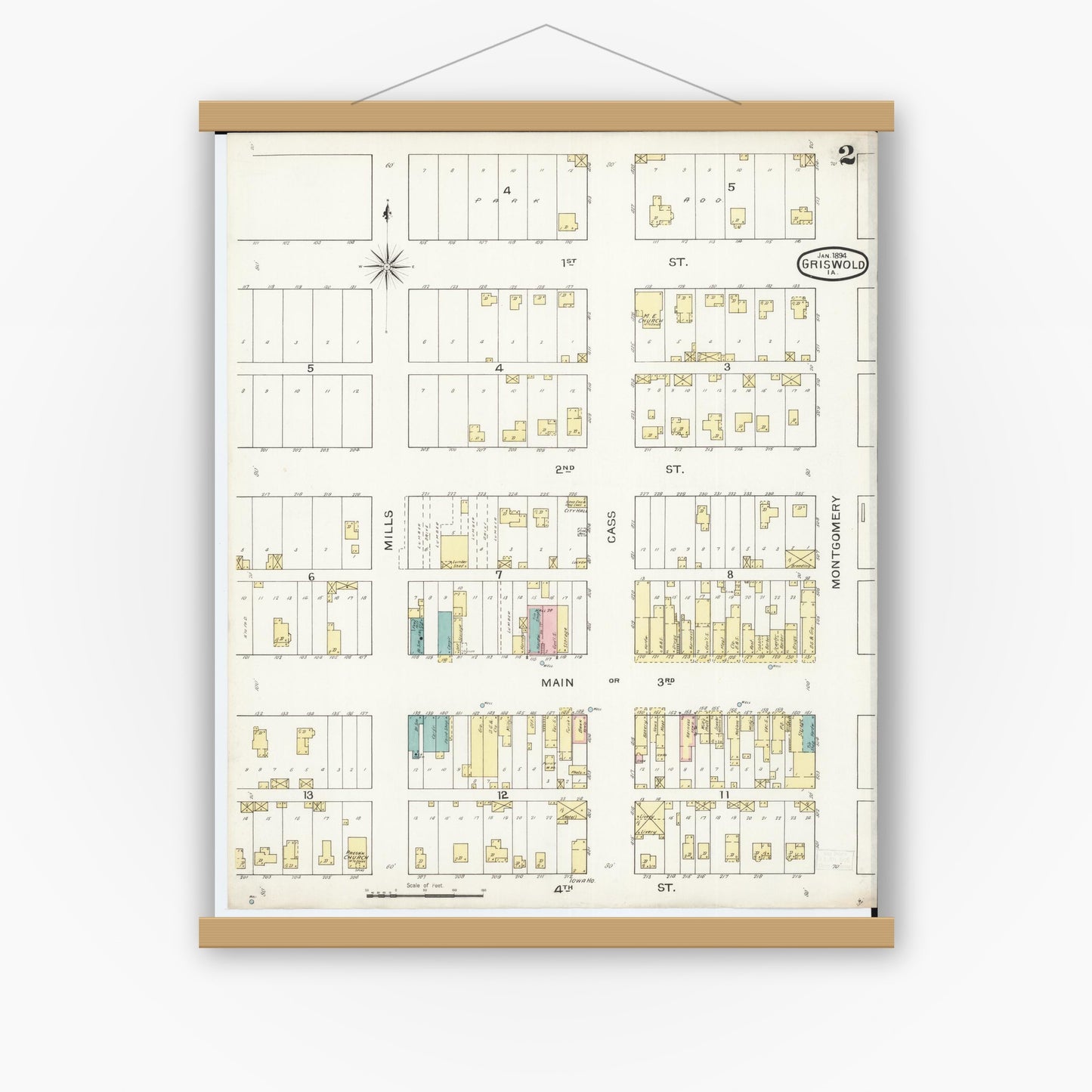 Old map wall art mockup — magnetic wood frame on white wall — Sanborn Fire Insurance Map from Griswold, Cass County, Iowa (1894), Sheet #0002
