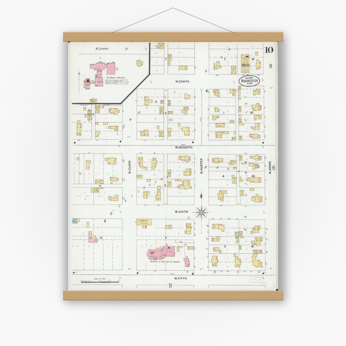 Old map wall art mockup — magnetic wood frame on white wall — Sanborn Fire Insurance Map from Rochester, Olmsted County, Minnesota (1899), Sheet #0010