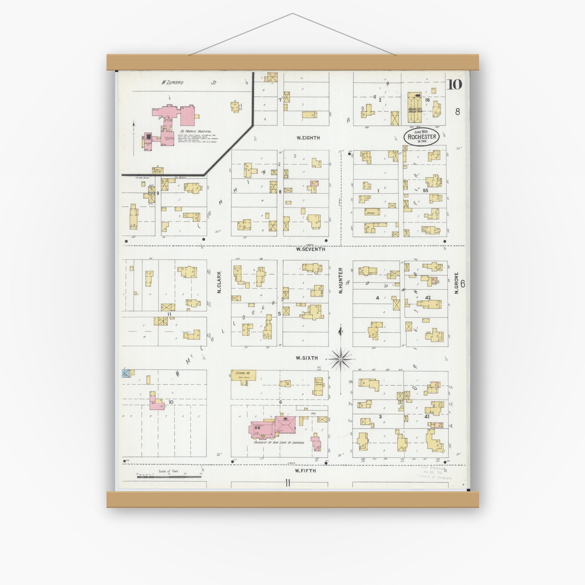 Old map wall art mockup — magnetic wood frame on white wall — Sanborn Fire Insurance Map from Rochester, Olmsted County, Minnesota (1899), Sheet #0010