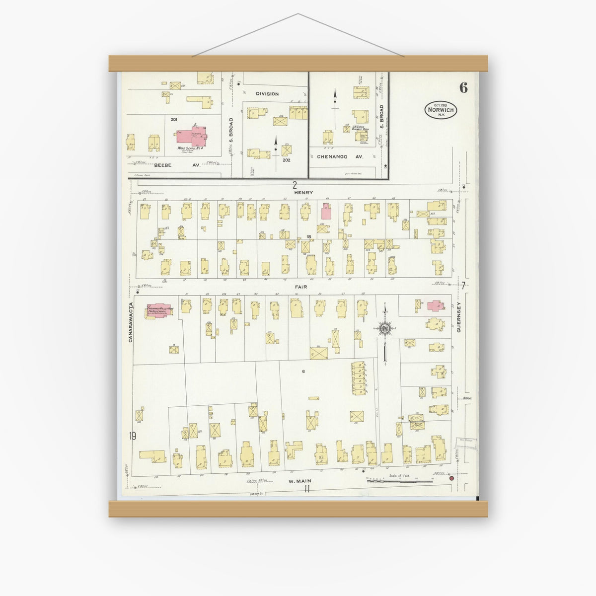 Old map wall art mockup — magnetic wood frame on white wall — Sanborn Fire Insurance Map from Norwich, Chenango County, New York (1910), Sheet #0006